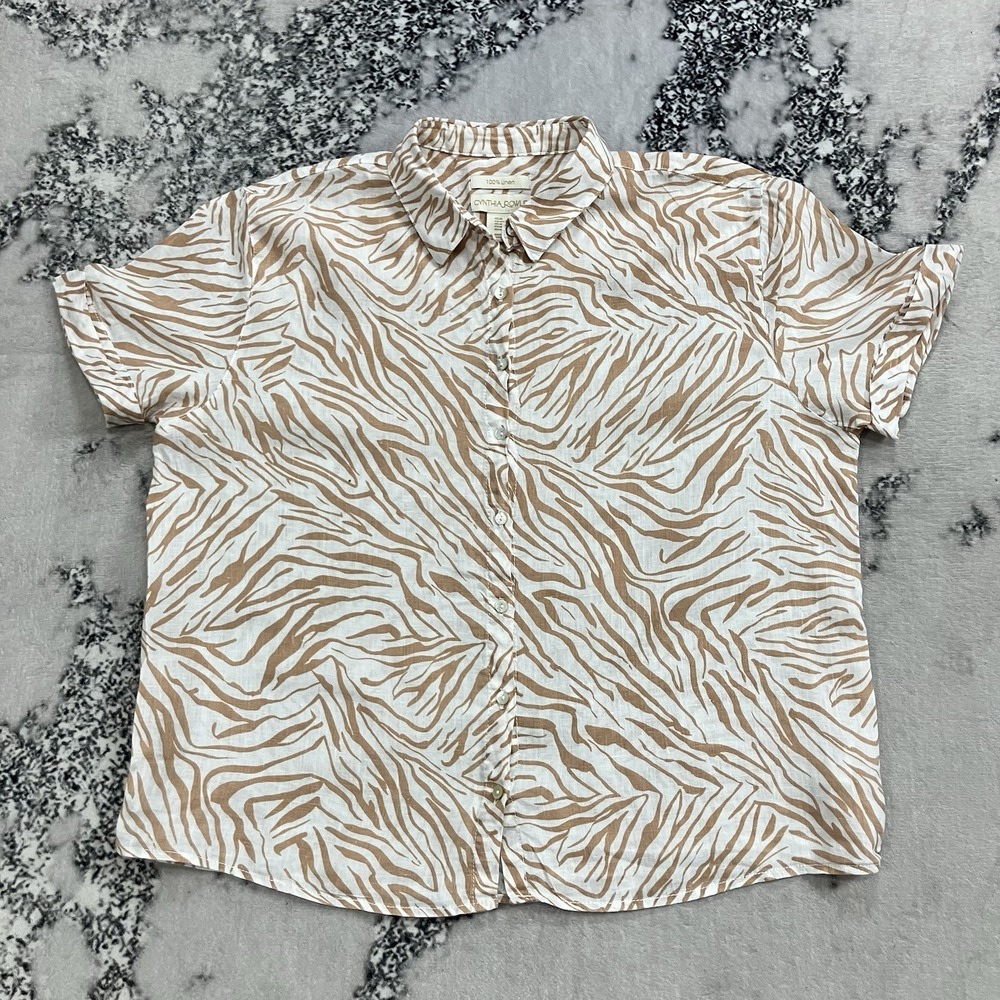Cynthia Rowley 100% Linen Zebra Print Button Front Shirt Women's Sz M
